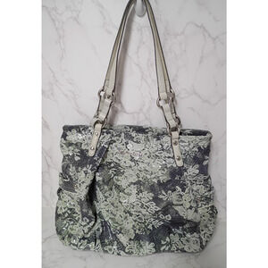 B Makowsky Large Leather Gray/Green/Lace Design Tote Bag - EUC